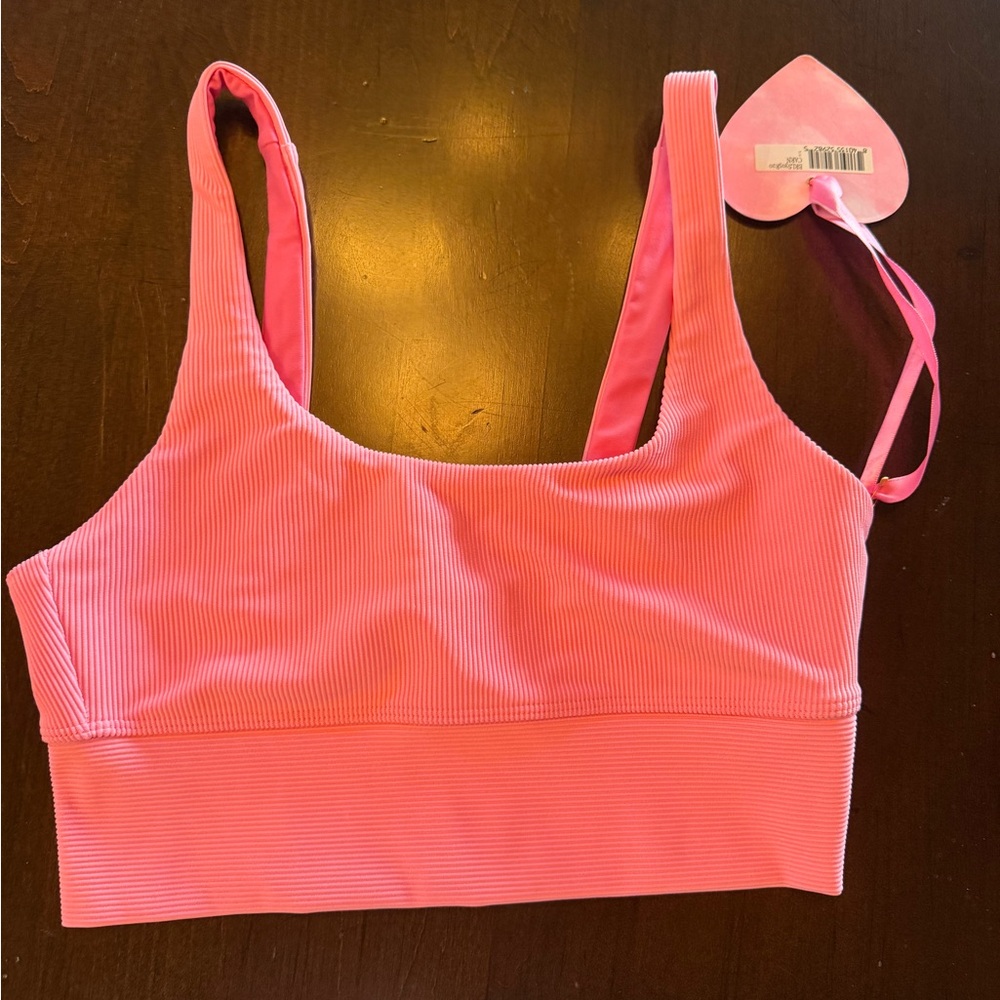 LoveShackFancy x Beach Riot Coral Pink Ribbed Scoop Bra
